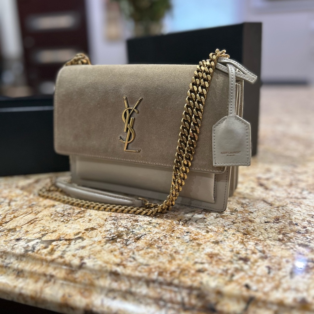 Yves Saint Laurent “Sunset” Taupe Suede Shoulder Bag with Gold Chain